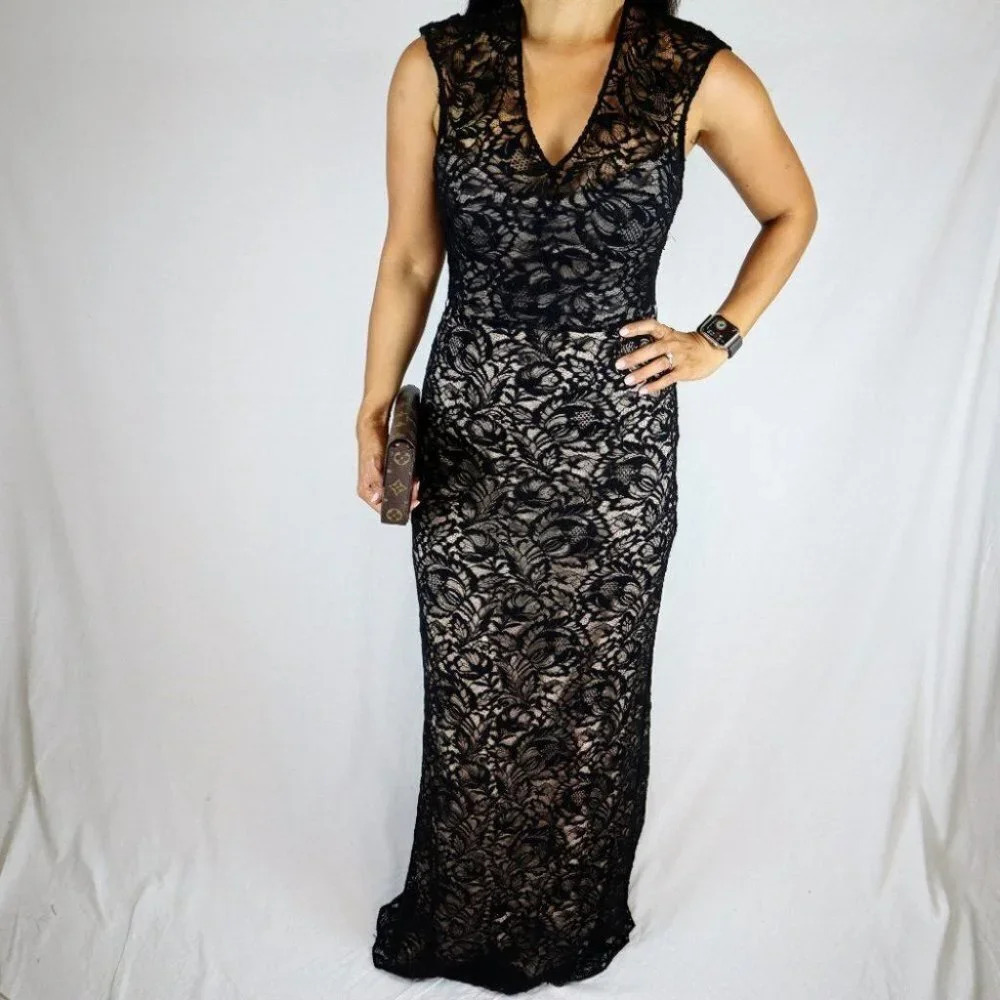 Theia A Night To Remember Black Lace Formal Gown $995 - Picture 3 of 12